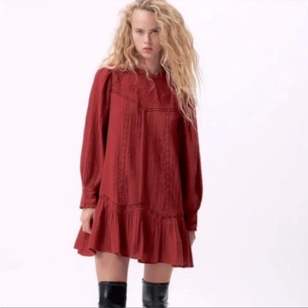 NWT ZARA Red Embroidered Gauzy Lined Peasant Dress Lace Trim. Sz Medium